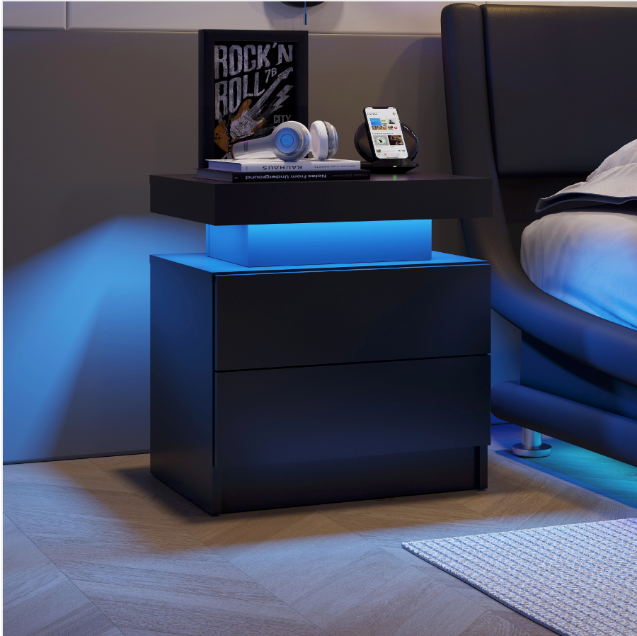 Nightstand LED Bedside Table Cabinet Lights Modern End Side with 2 Drawers for Bedroom Rulova